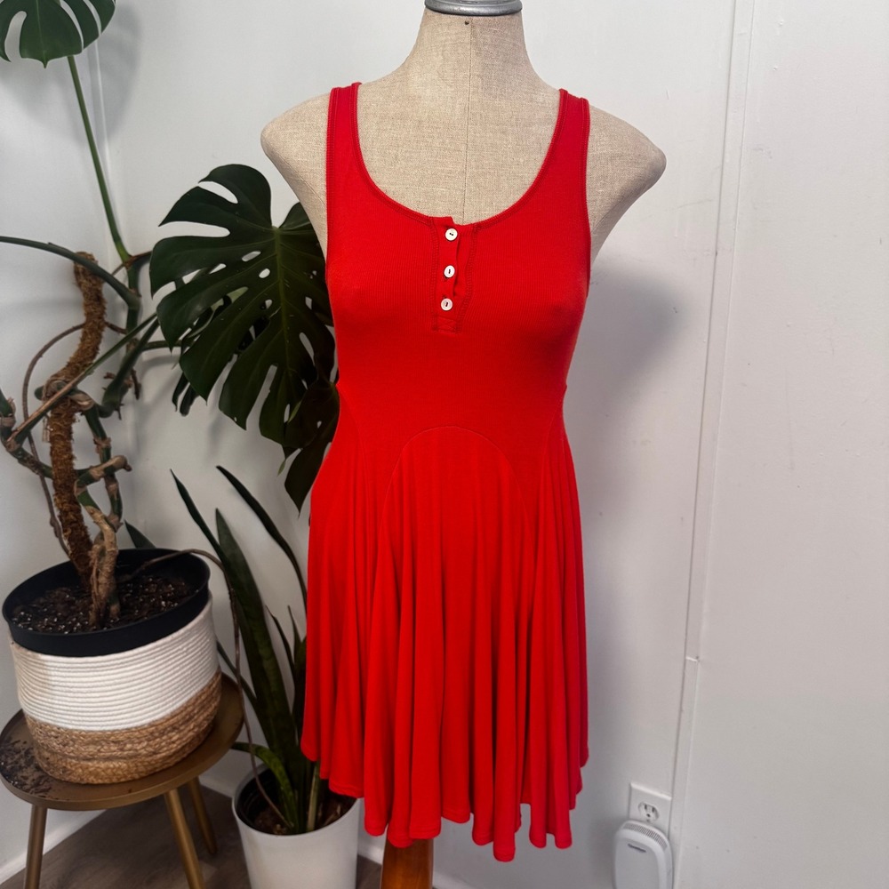 FP Beach Henley Mini‎ Dress Womens S Red Ribbed Handkerchief Hem Boho Summer